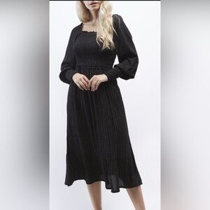 NWT OAT NY smocked black & gold off shoulder maxi dress ruffle skirt S